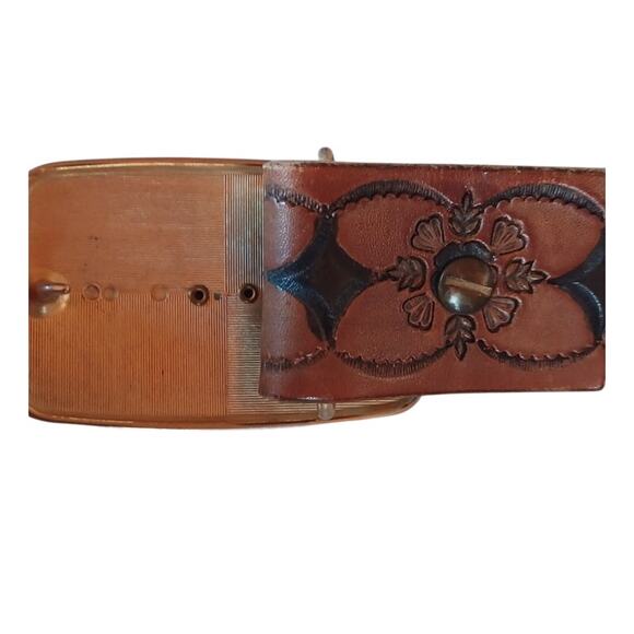 VTG Men's Double J Western Tooled Leather Belt Ornate Tiger's Eye Stone Buckle - Picture 6 of 8